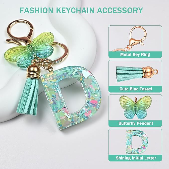 JINGUAZI Initial letter Keychains for Women Tassel Butterfly Pink Purple Cute Car Keychain for Wallet Backpack bag charm