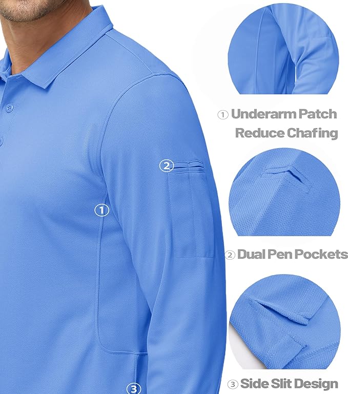 MAGCOMSEN Men's Polo Shirts 3 Button Quick Dry Performance Long Sleeve Tactical Shirts Pique Jersey Golf Shirt