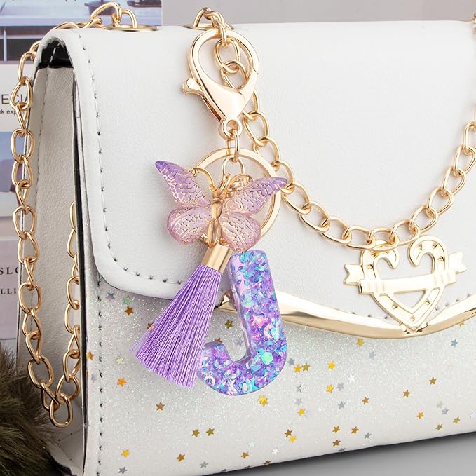 Suweibuke Colourful Cute Initial Letter Keychains for Women Girls with Tassel Butterfly, Charm for Purse Handbags Backpacks