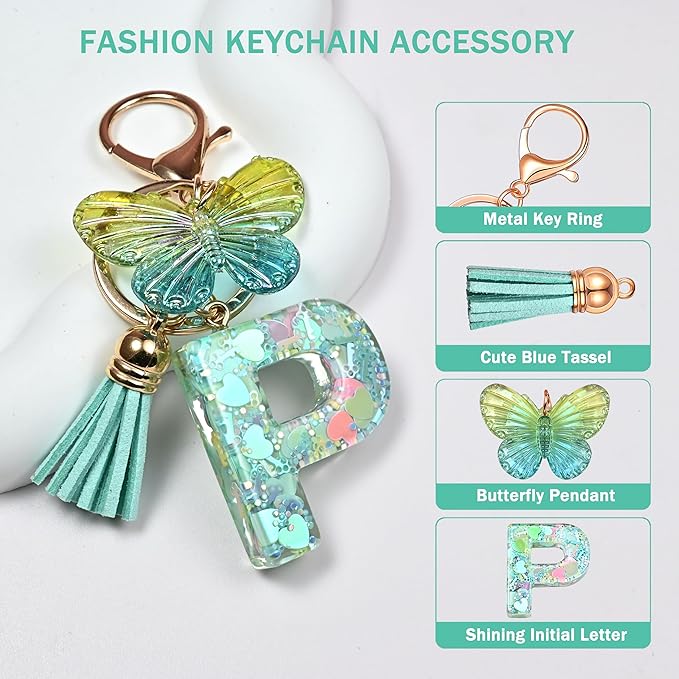 JINGUAZI Initial letter Keychains for Women Tassel Butterfly Pink Purple Cute Car Keychain for Wallet Backpack bag charm