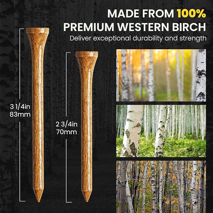 Amy Sport Golf Tees Western Birch Wood 5X More Durable 5X Stronger Value 50 Pack 1 1/2 2 3/4 3 1/4 Inch, Reduce Friction Wooden Long-Lasting, Spin Tall Sturdy Base for Stability