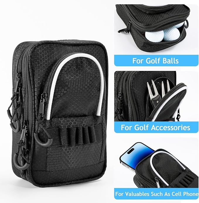 Golf Ball Bag Valuables Pouch,Golf Tee Bag Pouch Accessories with Detachable Carabiner Large Capacity Multiple Compartments can Store 12-15 Balls,Tees,Gloves,Mobile Phone and Keys,Black and White