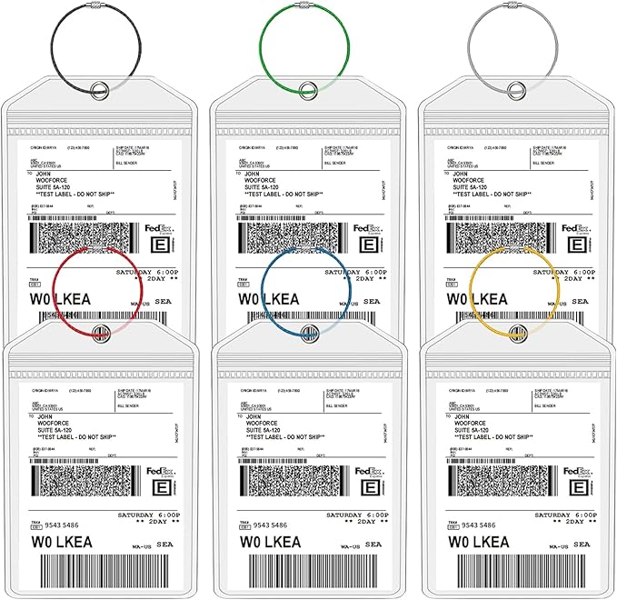 Extra Large Golf Luggage Tag Holders, 6 Pack Waterproof Plastic Zip Seal Pouch Shipping Label Holder with Sturdy Steel Loop for Golf Club Travel Luggage Bag (6 Pcs with 6 Colors Rings)