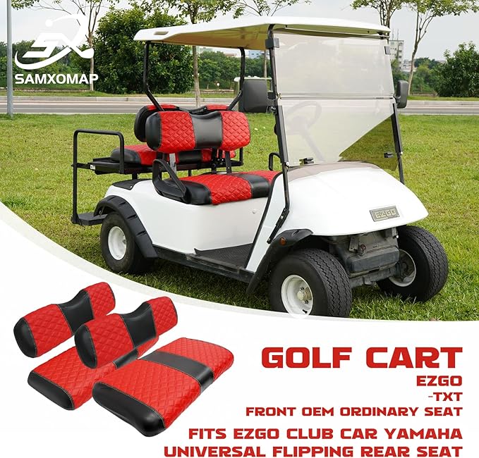 Golf Cart Front and Rear Seat Covers Waterproof and Sun Resistant Marine Grade Vinyl Leather Seat Cover Accessories for EZGO TXT 1994-2013,Red(4PCS)
