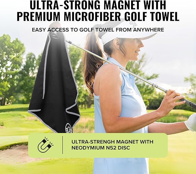 Stripebird - Magnetic Golf Towel (Black) - Microfiber Golf Towel with Built-in Ultra-Strong Neodymium Magnetic Towel - 18" x 18" Golf Bag Towel