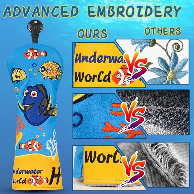 Golf Club Head Covers, Underwater World Driver Headcover Hybrid Headcover Fairway Wood Head Covers Magnetic Blade Putter Cover with Interchangeable Tags for All Brand
