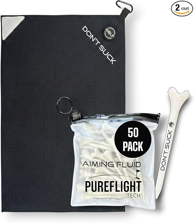 Don't Suck Collection - with Durable 4-Prong Golf Tee PureFlight Tech for Straighter and Longer Drives and Limited Edition Microfiber Magnetic Golfing Towel (16"x24")