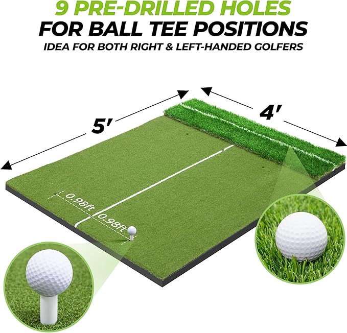 Golfguru Golf Mat 5x4ft-16mm/21mm/26mm Thickened Dual Turf Golf Hitting Mat with Alignment Aid, Dense Elite Mats Practice Outdoor Indoor, Chipping Training Matt for Backyard Garage Driving Simulators