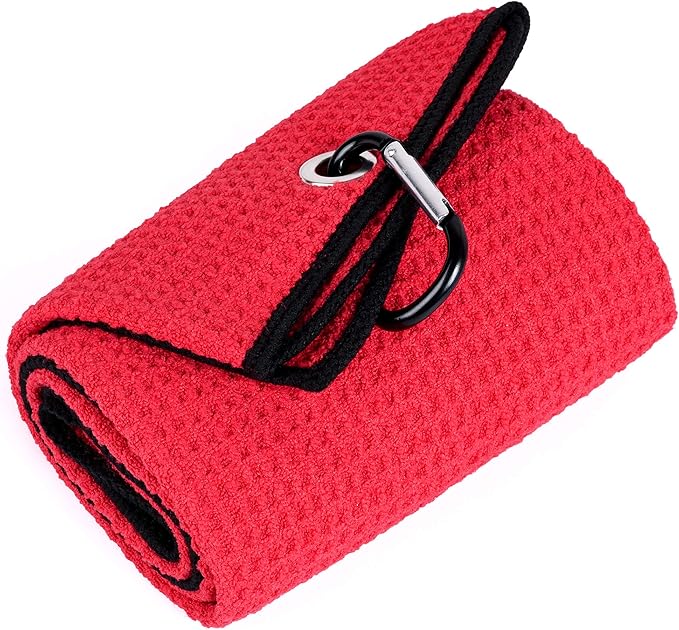 Mile High Life Tri-fold Golf Towel | 16" X 24" | Premium Microfiber Fabric | Waffle Pattern | with Heavy Duty Carabiner Clip | for Men and Women (Red)