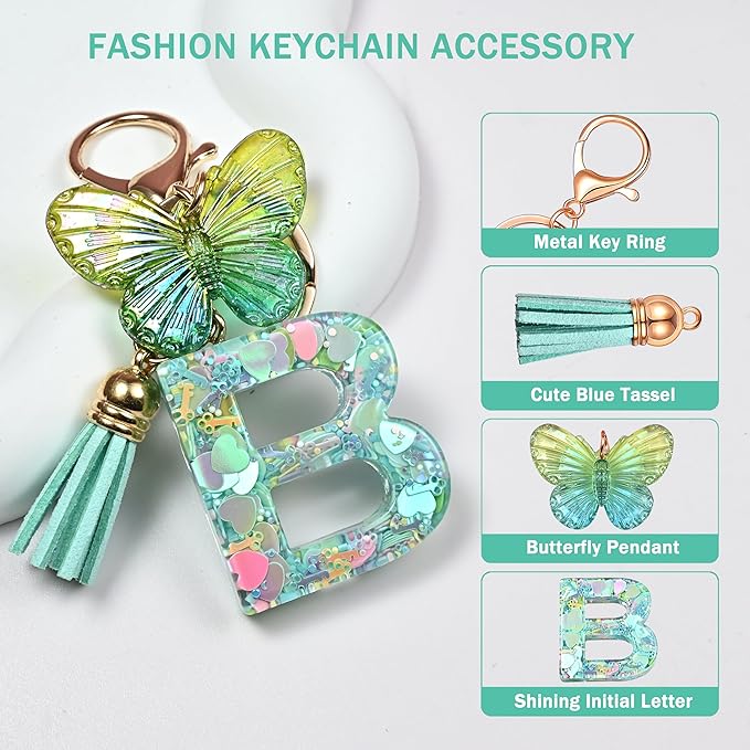 JINGUAZI Initial letter Keychains for Women Tassel Butterfly Pink Purple Cute Car Keychain for Wallet Backpack bag charm