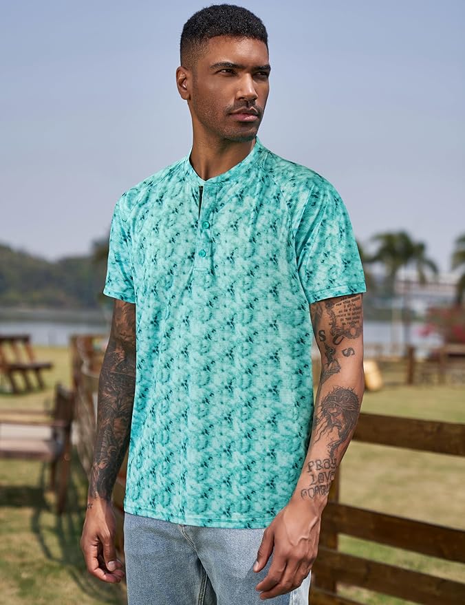 TAPULCO Mens Collarless Golf Shirts Short Sleeve Dry Fit Stretch Casual Breathable Lightweight Tshirts