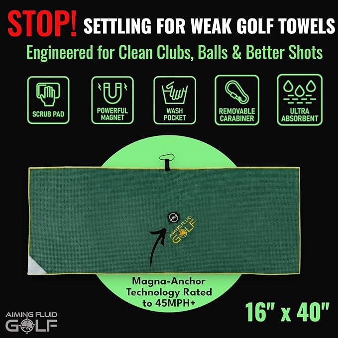 Multi-Function Magnetic Golf Towel I Wash Pocket I Magna-Anchor Technology I Waffle Pattern I Scrub Pad I (16" x 24" Blue Magnet) (Augusta, 16" x 40" The 40)