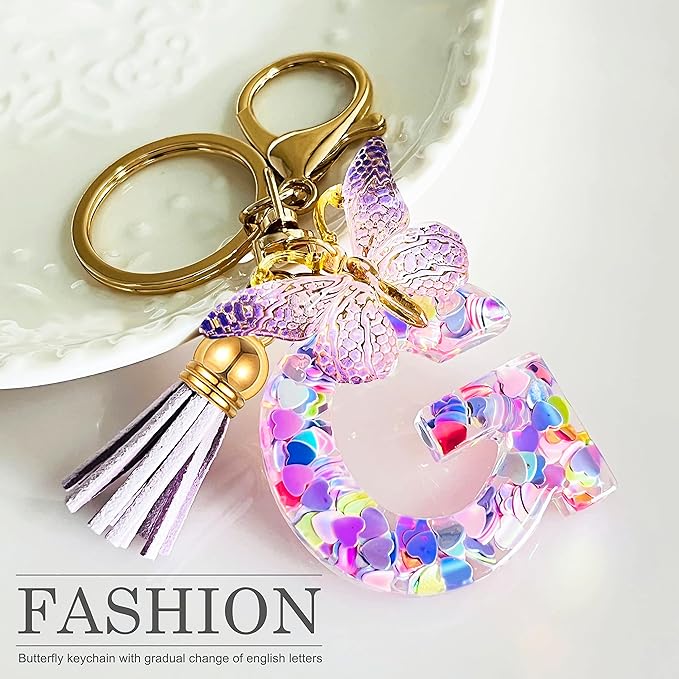 JINGUAZI Initial letter Keychains for Women Tassel Butterfly Pink Purple Cute Car Keychain for Wallet Backpack bag charm