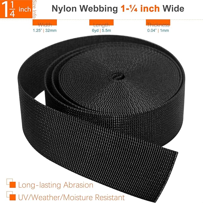 Nylon Straps 1-1/4 inch Wide with Buckles and Slides: 6 Yard of 1.25" Webbing, 4 Pack Side Release Buckle, 8 pcs Tri-Glide Slider, Heavy Duty Plastic Clip Quick Fastener Replacement Dual Adjustable
