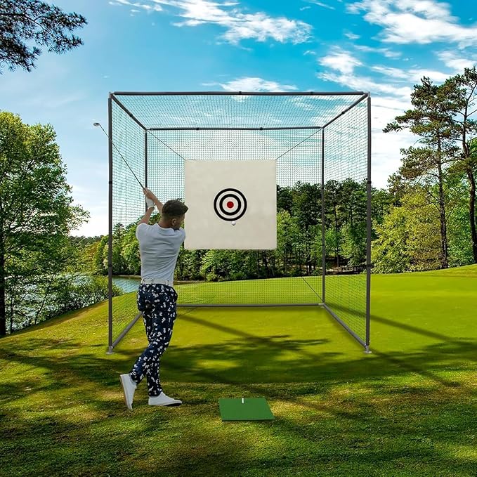 10x10x10 FT Golf Practice Hitting Net Cage with Metal Frame & Target - Indoor Outdoor Portable Training Net for Driving Chipping - Includes Mat & Accessories