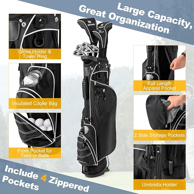 ULTIMATE Golf Stand Bag with 4-Way Top Dividers, Portable Ergonomic Golf Bag with 4 Zippered Pockets, Cooler Bag, Rain Hood and Dual Strap System, 3.5 LBS Lightweight for Men&Women