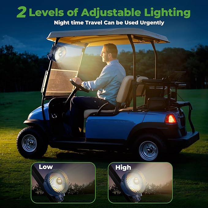 10L0L Golf Cart Fan with Magnetic Mount & 56Hrs Runtime - 8000mAh Battery, 3-Speed Cooling, Built-in LED Light, Power Bank Function - Stable ABS Design for All Golf Carts