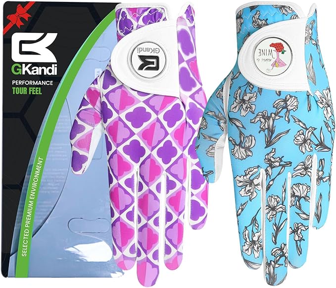Ladies Golf Gloves Women Right Handed Golfer Left Hand Value 2 Pack with Ball Marker Leather All Weather Grip Breathable Soft Gift Set