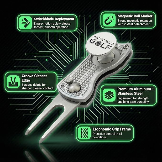 Golf Divot Repair Tool — 5-in-1 Golfing Ball Marker, Pitch Mark Repair, Putting Alignment, Club Tee, and Groove Cleaner, Accessory Metal Switchblade Design - Ideal Gift for Golfers