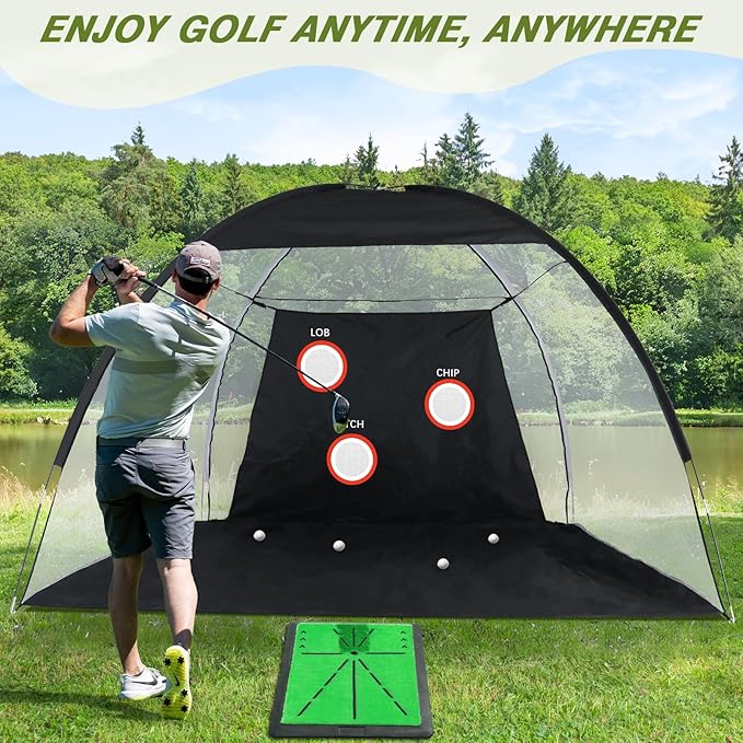 Golf Net, 10x7FT Golf PracticeNet with Swing Mat, Golf Hitting Net for Backyard Driving, Indoor/Outdoor Training Chipping Aid Nets with Targets, Gifts for Men/Dad/Him