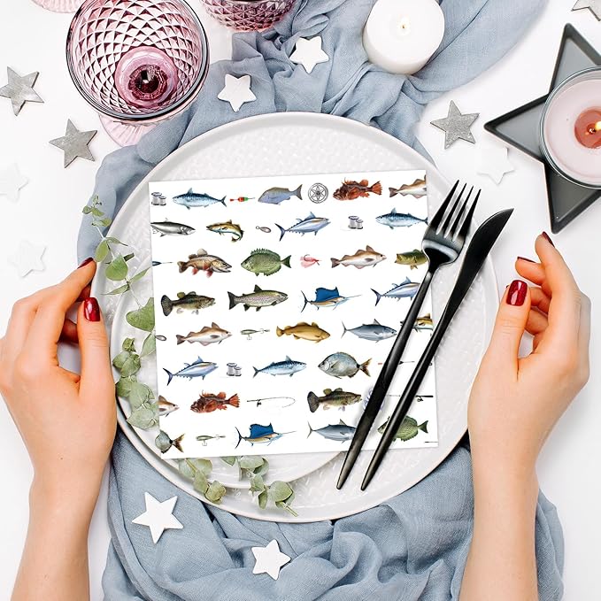 Gone Fishing Party Decorations, Disposable Paper Fish Napkins Supplies Pack of 50, Fishing Birthday Baby Shower Decor Size 6.5 Inch