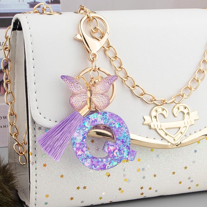 Suweibuke Colourful Cute Initial Letter Keychains for Women Girls with Tassel Butterfly, Charm for Purse Handbags Backpacks