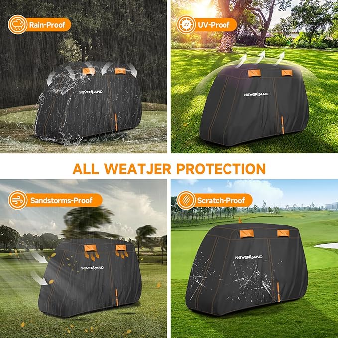 NEVERLAND Golf Cart Cover 4 Passenger, Heavy Duty 420D Golf Cart Covers, Waterproof Club Car Golf Cart Cover with Zipper Doors Compatible with EZGO Yamaha Club Car 4 Seat (Up to 115 Inch)