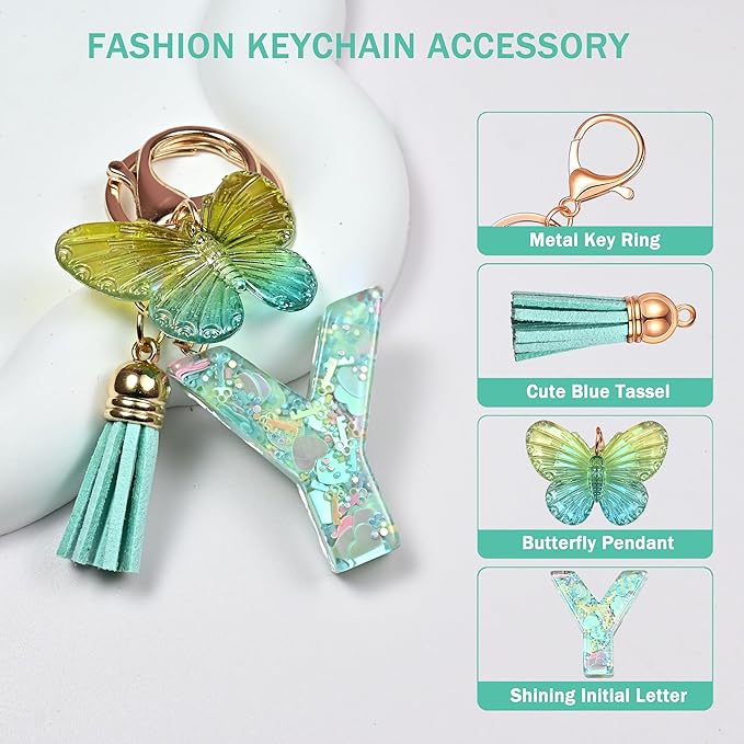 JINGUAZI Initial letter Keychains for Women Tassel Butterfly Pink Purple Cute Car Keychain for Wallet Backpack bag charm