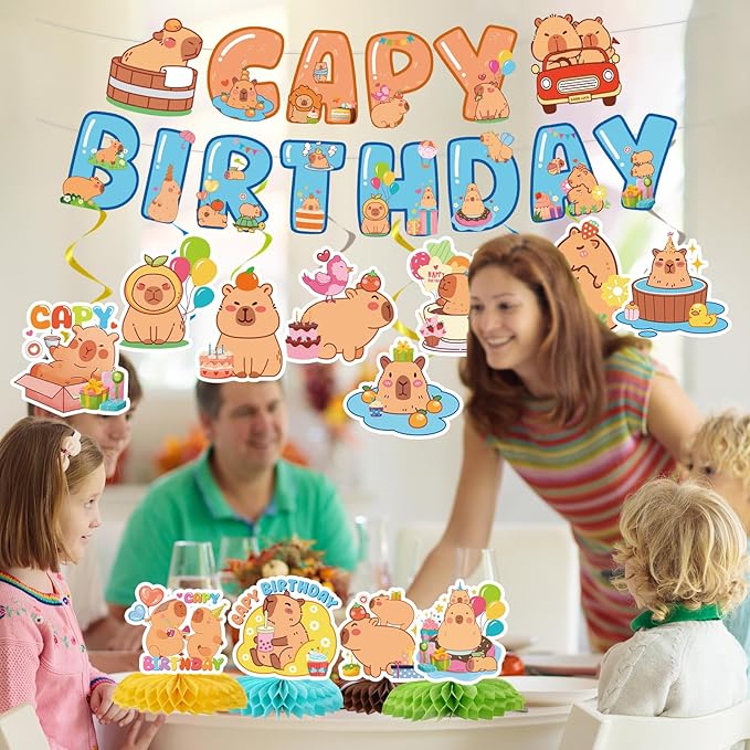 Capybara Birthday Party Decorations - 14PCS Capybara Banners with Hanging Swirls Bday Decoration Cute Capy Animals Honeycomb centerpieces Decor Supplies