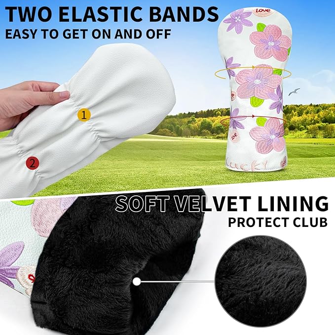 Golf Head Cover Golf Club Peach Blossom Design Golf Covers PU Headcovers Set Fits Driver Fairway Wood Hybrid Utility Woods Iron Wedge Headcover.