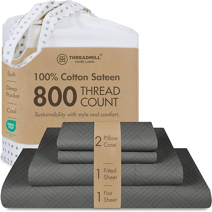 Threadmill Luxury 100% Cotton King Sheets - 800 Thread Count Jacquard Celine Dark Grey, Better Than Egyptian Cotton,4 Pc Striped Bed Set, Damask Sheets, Fits 16'' Deep Pocket