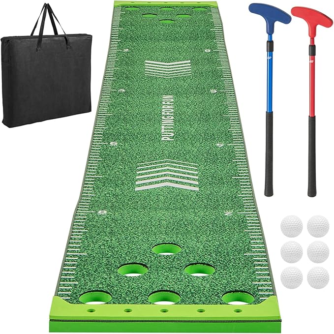 ULTIMATE Golf Game Set, Indoor Outdoor 11FT Putting Green Mat w/ 2 Adjustable Putters, 6 Balls & 12 Hole Covers, Golf Pratice Training Mat for Party, Backyard, Home and Office