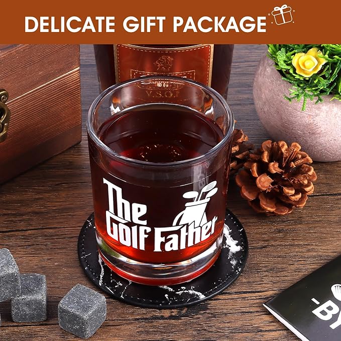 Whiskey Glass Gifts for Golf Dad, Best Gift for Men, Gift with 12oz Whiskey Glasses, Stones, Coaster, Wooden Box for Golf-Dad