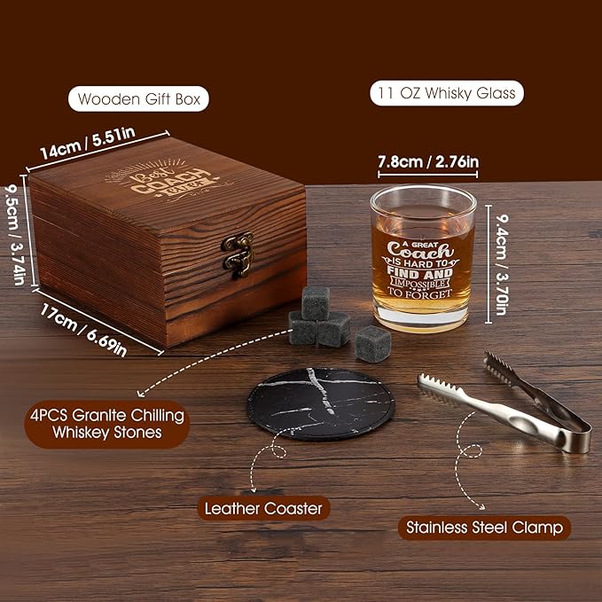 Whiskey Glass Gifts for Coaches, Best Coach Gift for Men, Thank You Gifts for Coaches with 12oz Whiskey Glasses, Stones, Coaster, Wooden Box for Baseball, Softball, Soccer, Basketball Coach