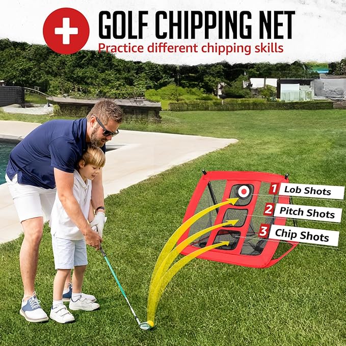 Golf Net, 10x7ft Practice Net with Chipping Net, Foldable Mat, Silk Target, 8 Tees, 6 Balls, Carry Bag, Golf Hiting Nets for Backyard Driving Chipping Indoor Outdoor Use