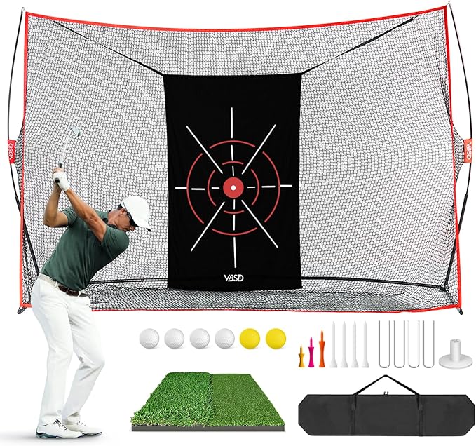 10x7ft Golf Practice Net for Backyard Driving, All-in-1 Outdoor Indoor Hitting Net, Mat, 7 Tees, 6 Balls for Training, Golf Gifts for Men Dad Him Golfer