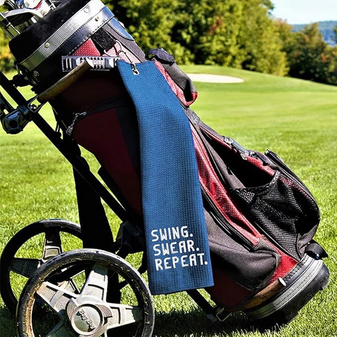 DYJYBMY Swing Swear Repeat Funny Blue Golf Towel, Embroidered Navy Bags Clip, Men, Birthday Golf Fan Gift