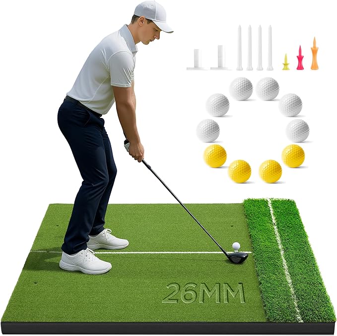 Golfguru Golf Mat 5x4ft-16mm/21mm/26mm Thickened Dual Turf Golf Hitting Mat with Alignment Aid, Dense Elite Mats Practice Outdoor Indoor, Chipping Training Matt for Backyard Garage Driving Simulators