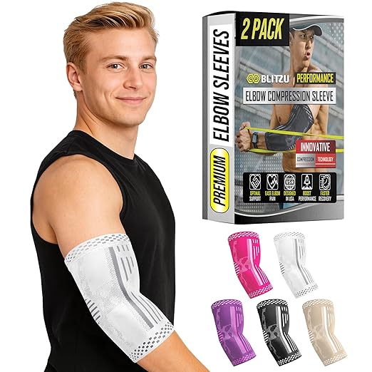 BLITZU Elbow Compression Sleeve for Tendonitis 2 Pack, Tennis Elbow Brace Support for Men and Women Golfers Elbow Pain Relief, Arthritis, Bursitis, Arm Brace for Workout, Weightlifting White XL