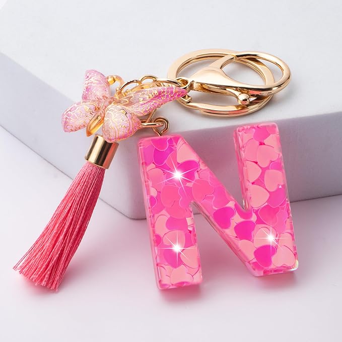 Suweibuke Colourful Cute Initial Letter Keychains for Women Girls with Tassel Butterfly, Charm for Purse Handbags Backpacks