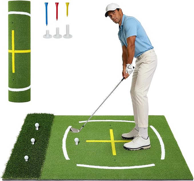 Dual Turf Golf Mat 5 * 4FT,Golf Hitting Mats Practice Outdoor/Indoor for Training Chipping Driving Swing with Standing Guide-Line & Swing Path Line,High-Density Artificial Turf Matt