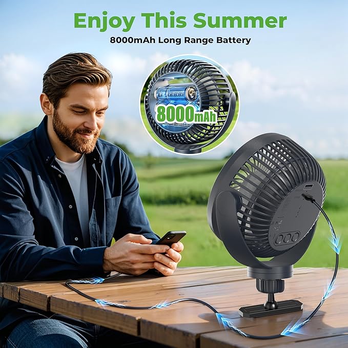 10L0L Golf Cart Fan with Magnetic Mount & 56Hrs Runtime - 8000mAh Battery, 3-Speed Cooling, Built-in LED Light, Power Bank Function - Stable ABS Design for All Golf Carts