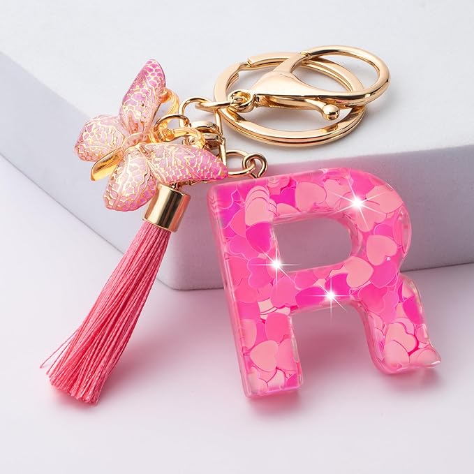 Suweibuke Colourful Cute Initial Letter Keychains for Women Girls with Tassel Butterfly, Charm for Purse Handbags Backpacks