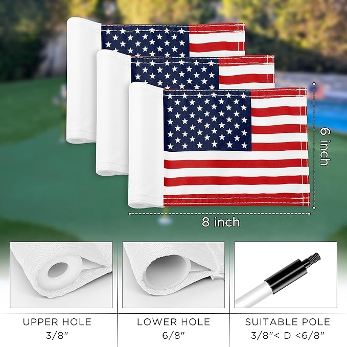 KINGTOP USA Golf Flag 8x6 Inch – Premium Dual-layer 420D Nylon, Double Sided American Pattern Printing, Tube Inserted – Mini Practice Putting Green Flags for Yard, 3-Pack
