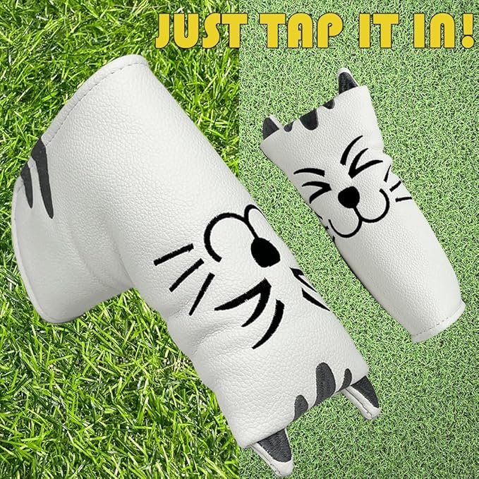 Golf Kitty Head Cover Golf Club White Leather Headcovers 1pc/4pcs Set Fits Driver Fairway Wood Hybrid Utility Putter Iron Wedge Headcover.