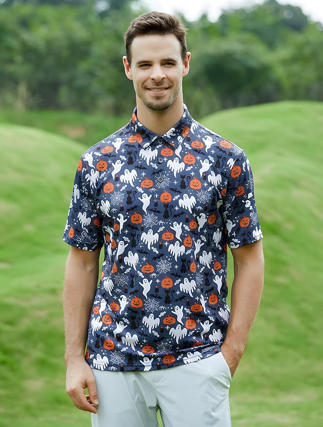 Esabel.C Golf Shirts for Men Dry Fit Performance Short Sleeve Print Moisture Wicking Collared Shirt