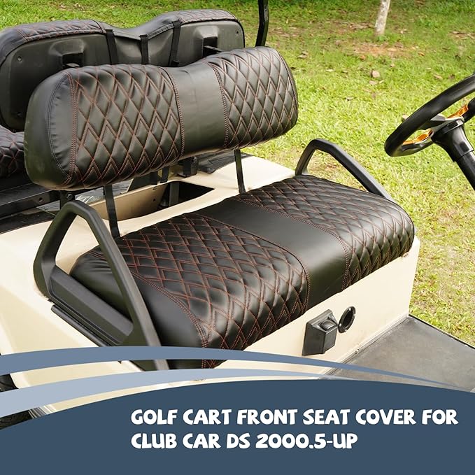 Golf Cart Vinyl Replacement Seat Covers fits Club Car DS 2000.5+, Diamond Front Seat Cover Black Stitching Durable Breathable & Easy to Clean