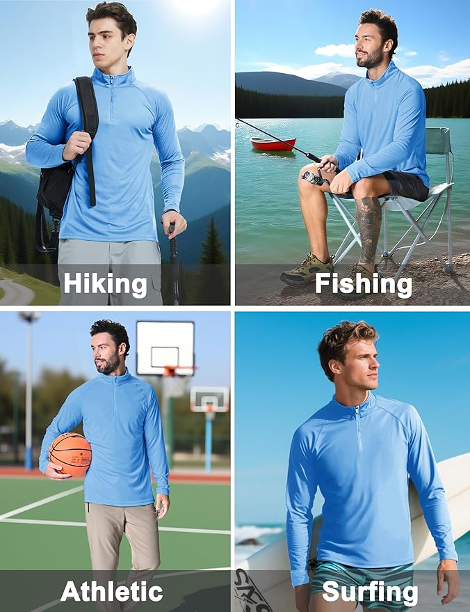 CRYSULLY Men's Long Sleeve 1/4 Zip Shirts Sun Protection Pullover UPF 50+ Rash Guard Running Lightweight T Shirt