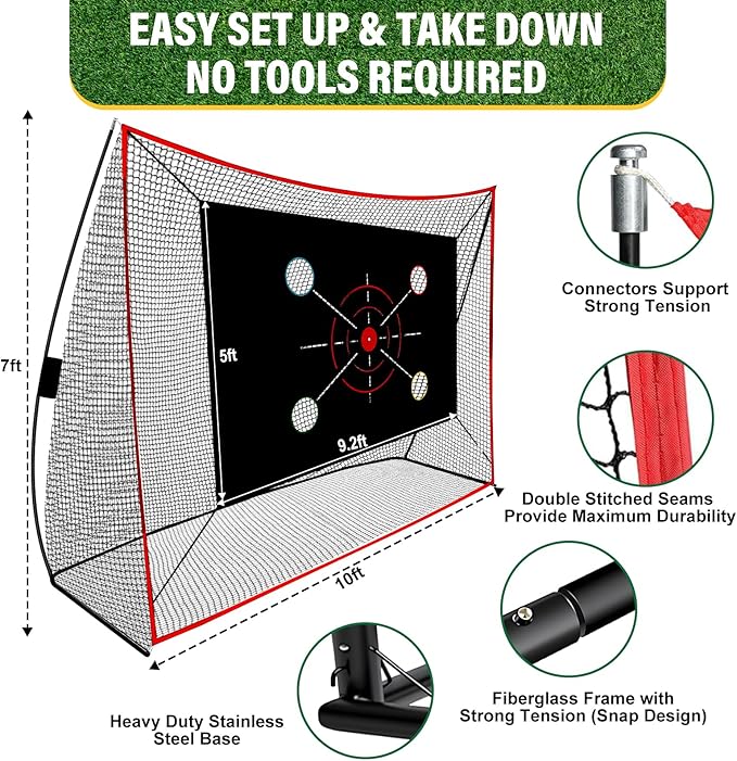 Golf Net, 10x7FT with Golf Practice Mat, Hitting Aid Net with Multi Targets Training for Backyard Driving Chipping Indoor Outdoor Use, 5-Ply Anti-Tear Netting & Carry Bag, Gifts for Men Dad Him Golfer