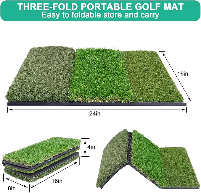 Golf Hitting Mat 24"x16" | 24"x24" Tri-Turf Golf Practice Mat Outdoor Indoor Portable Training Matt Traint Aid Batting Turf Matt for Chipping, Driving and Full Swing Practice